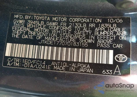 2007 Scion Tc z USA, uszkodzony, nr VIN JTKDE177070183155